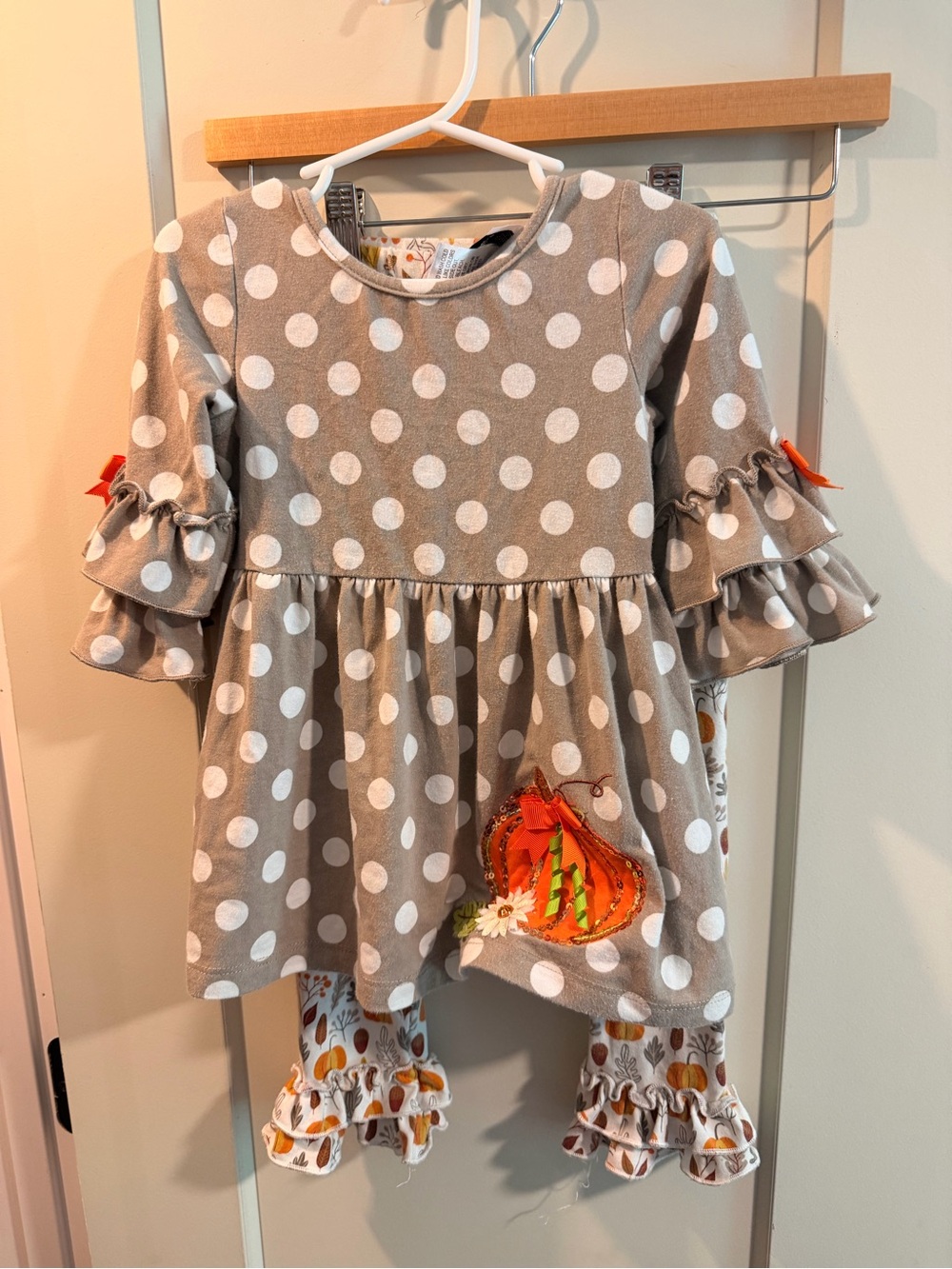 Rare Editions Taupe and White Polka Dot Pumpkin Tunic & Ruffle Leggings Set